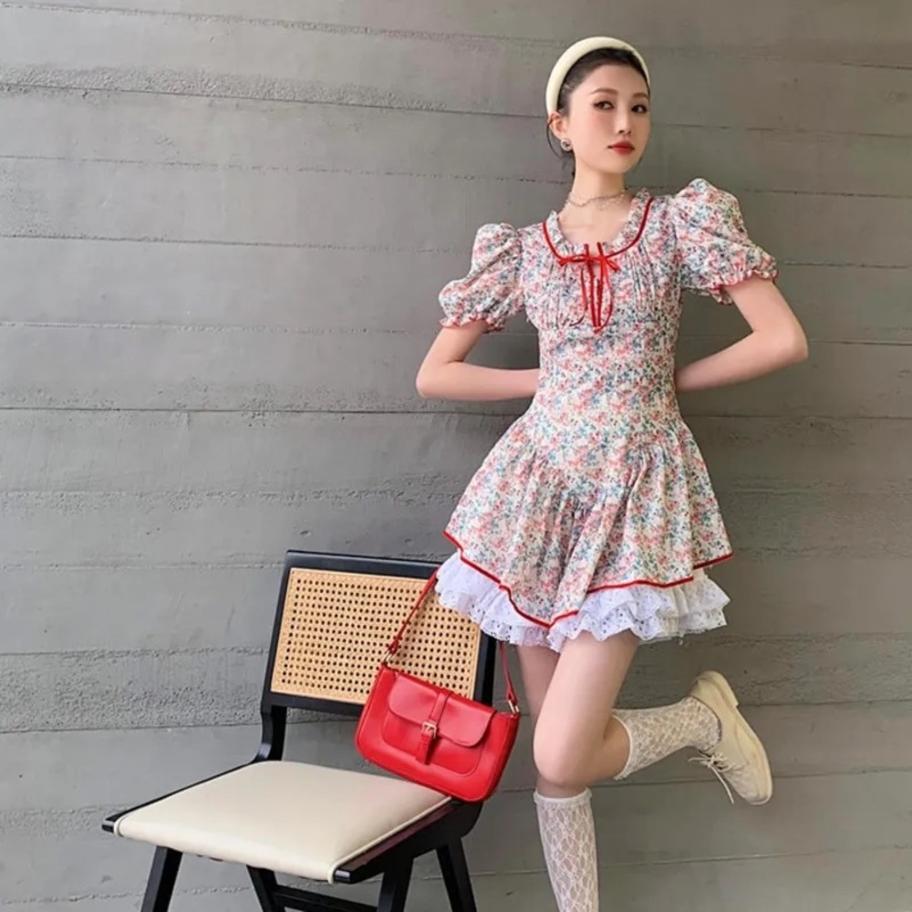 Floral Puff-Sleeve Mini Dress with Red Trim